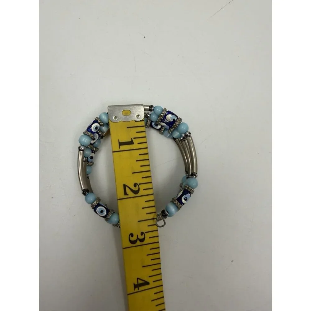 Vintage Silver Tone Layer Blue  Round & Barrel Beaded Bracelet